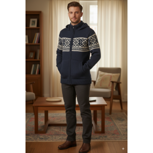 100% Pure Sheep Wool Hoodie for Men – Navy Blue Winter Jacket